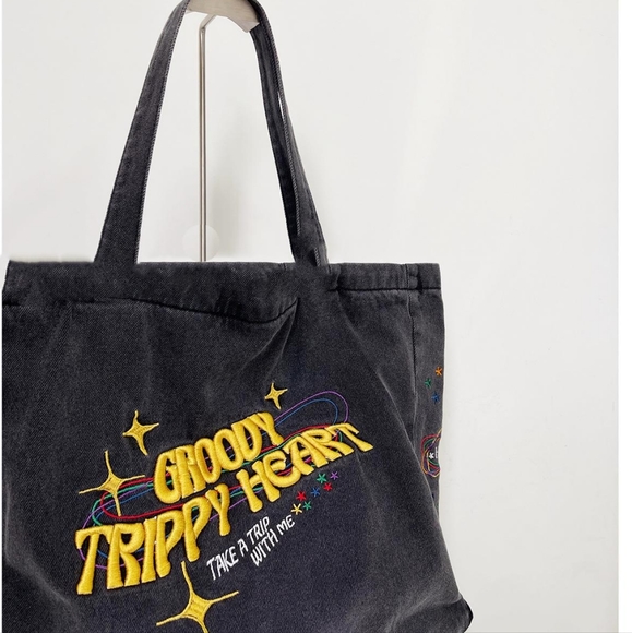 Oversized Denim Smoke Grey Embroidered  Canvas Bag Messager Bag with Zipper - Picture 6 of 13